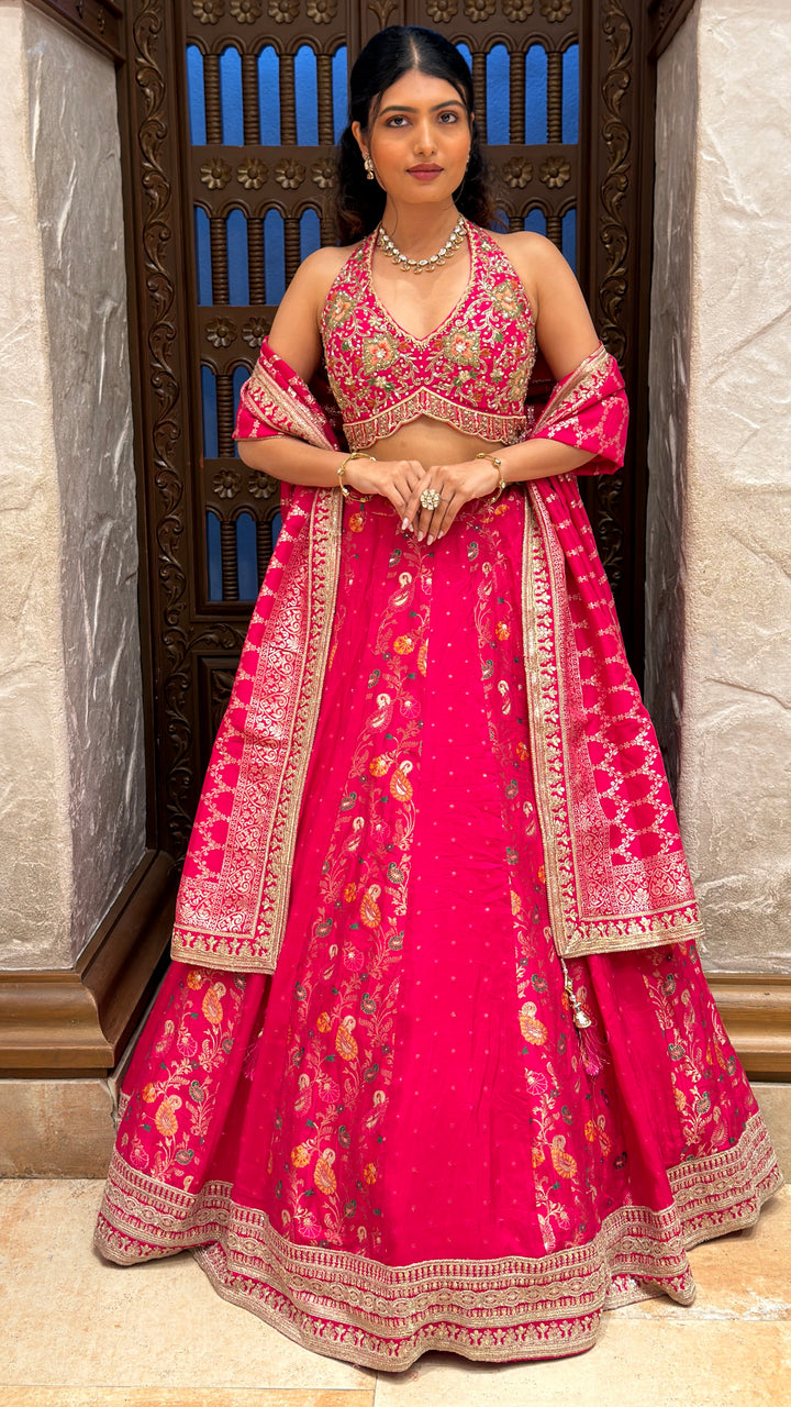 Rani Pink Embroidered Bridal Lehenga Set with Dupatta