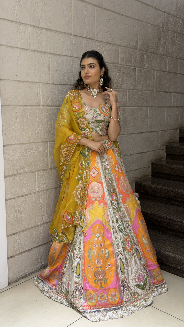 Multicolor Floral Designer Bridal Lehenga with Embroidered Blouse & Mustard Dupatta