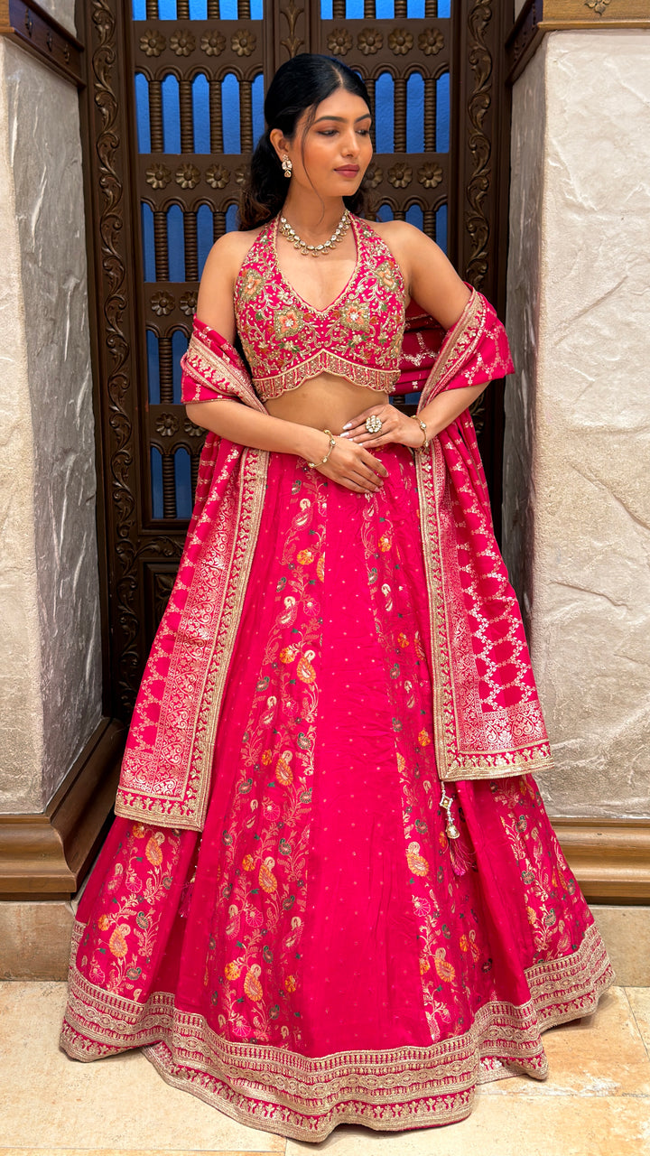Rani Pink Embroidered Bridal Lehenga Set with Designer Dupatta