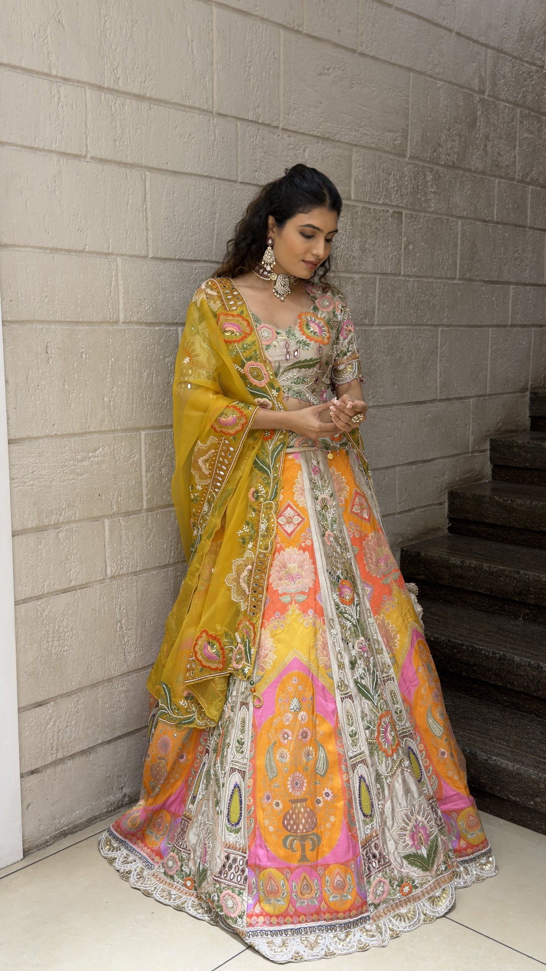 Multicolor Floral Designer Bridal Lehenga with Embroidered Blouse & Mustard Dupatta
