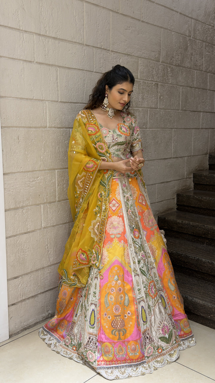 Multicolor Floral Designer Bridal Lehenga with Embroidered Blouse & Mustard Dupatta