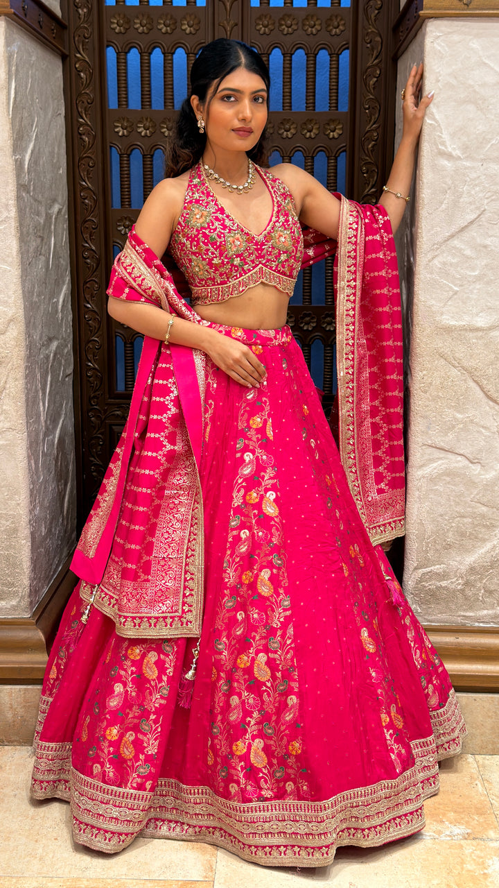 Rani Pink Embroidered Bridal Lehenga Set with Designer Dupatta