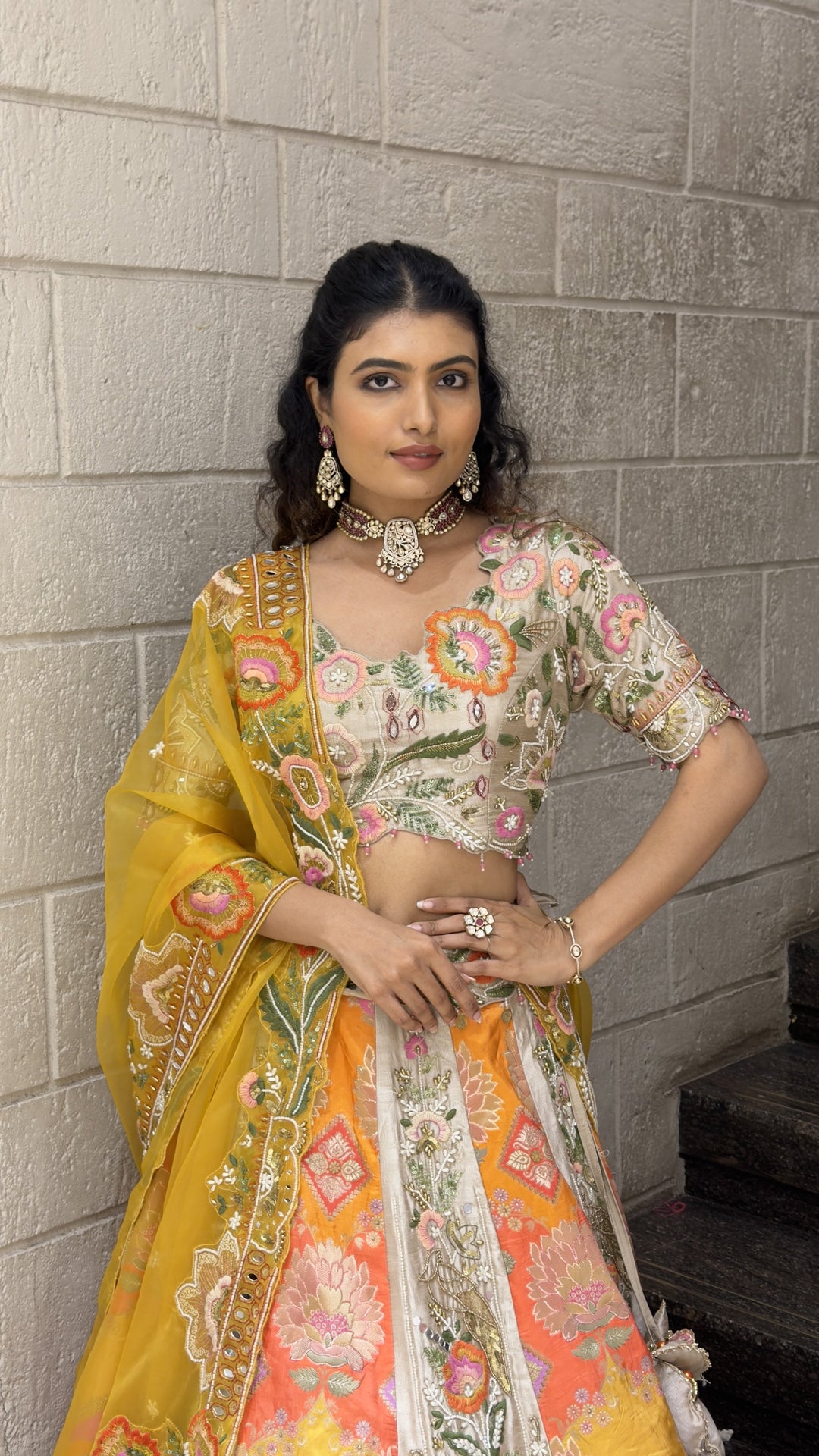 Multicolor Floral Designer Bridal Lehenga with Embroidered Blouse & Mustard Dupatta