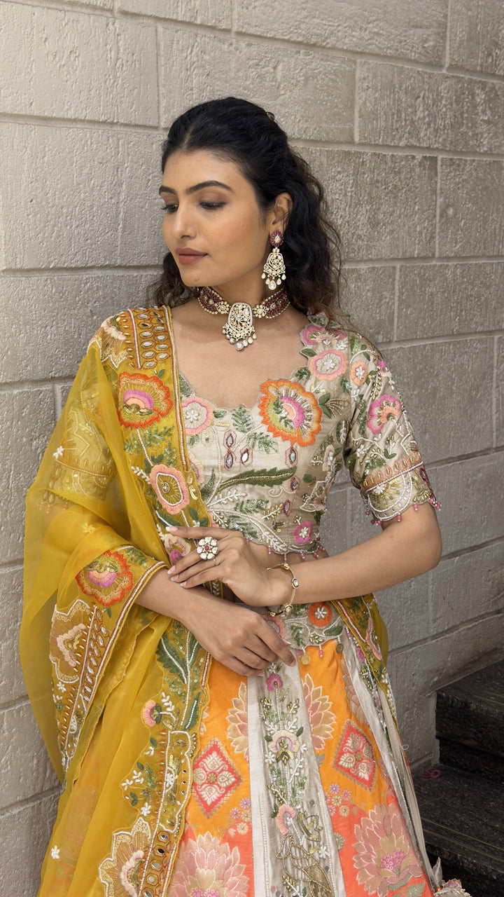 Multicolor Floral Designer Bridal Lehenga with Embroidered Blouse & Mustard Dupatta