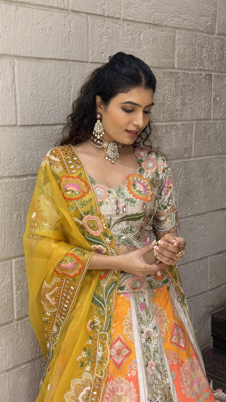 Multicolor Floral Designer Bridal Lehenga with Embroidered Blouse & Mustard Dupatta