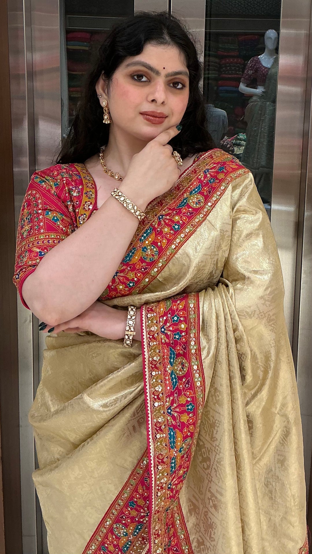 Champagne Gold Banarasi Silk Saree with Red Multicolour Embroidered Border