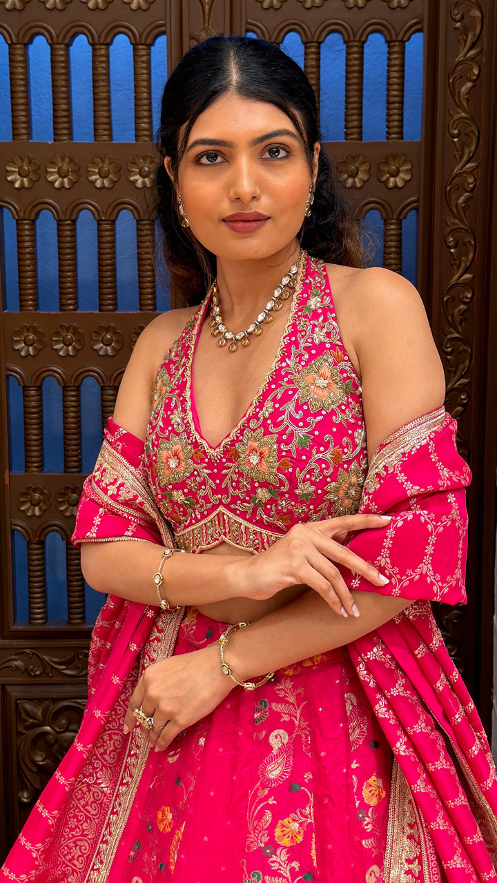 Rani Pink Embroidered Bridal Lehenga Set with Designer Dupatta