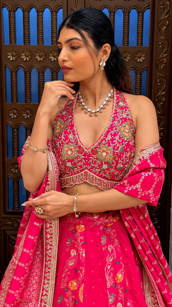 Rani Pink Embroidered Bridal Lehenga Set with Dupatta
