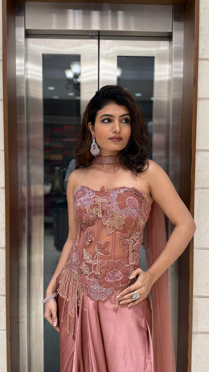 Rose Gold Embroidered Corset Gown with Draped Silk Skirt – Luxe Muse Edition