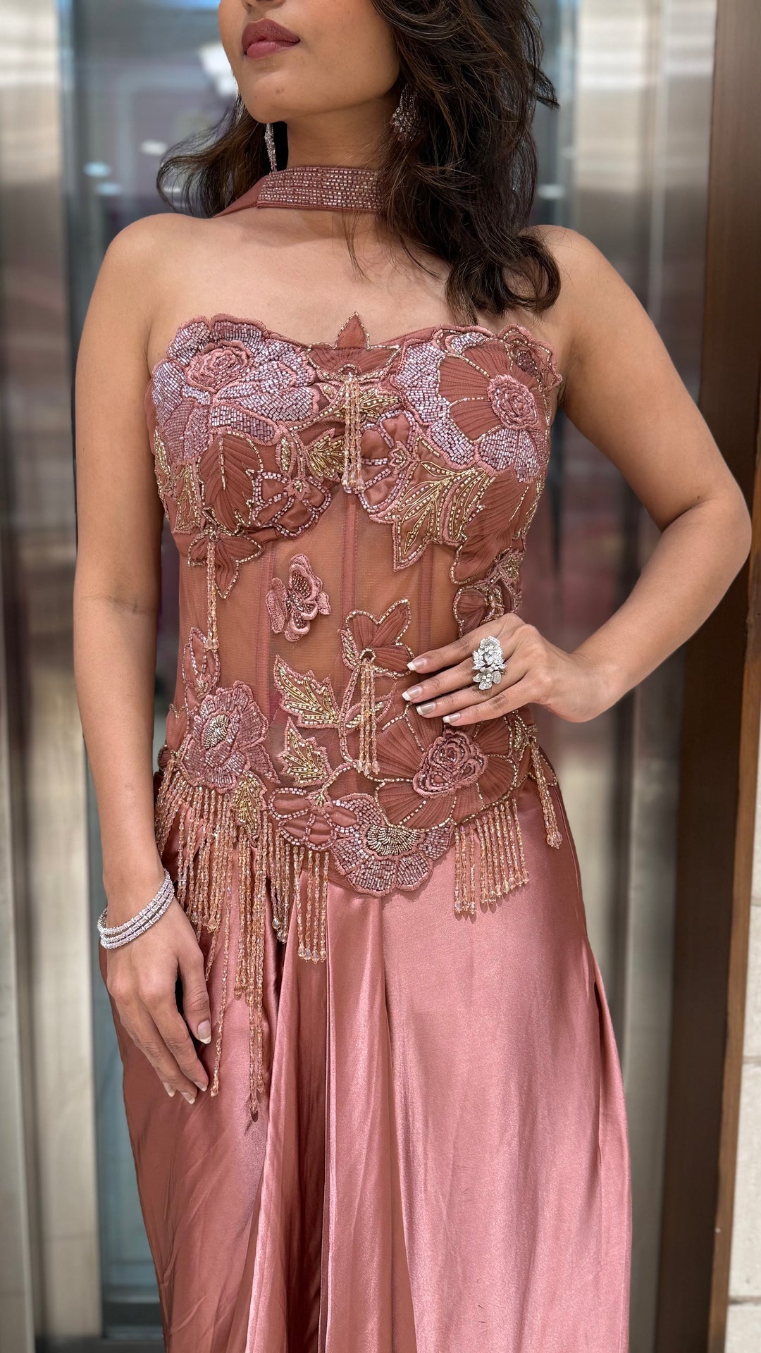 Rose Gold Embroidered Corset Gown with Draped Silk Skirt – Luxe Muse Edition