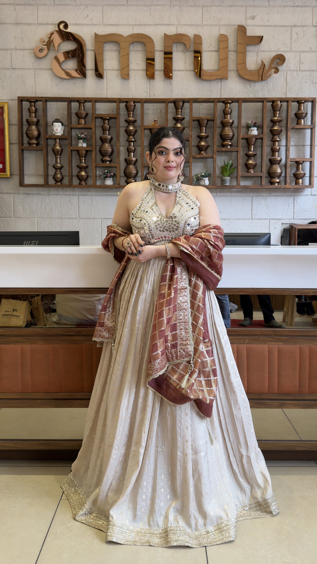 Ivory White Designer Anarkali Gown with Embellished Halter Neck & Wine