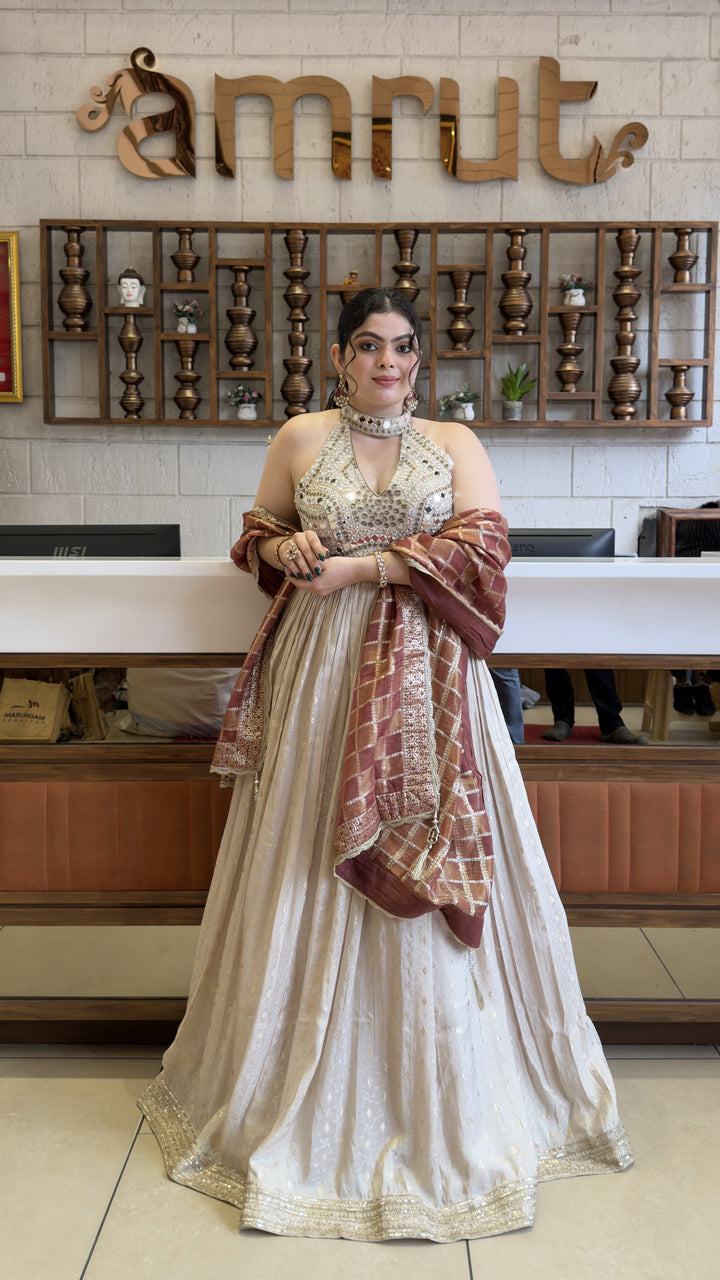 Ivory White Designer Anarkali Gown with Embellished Halter Neck & Wine