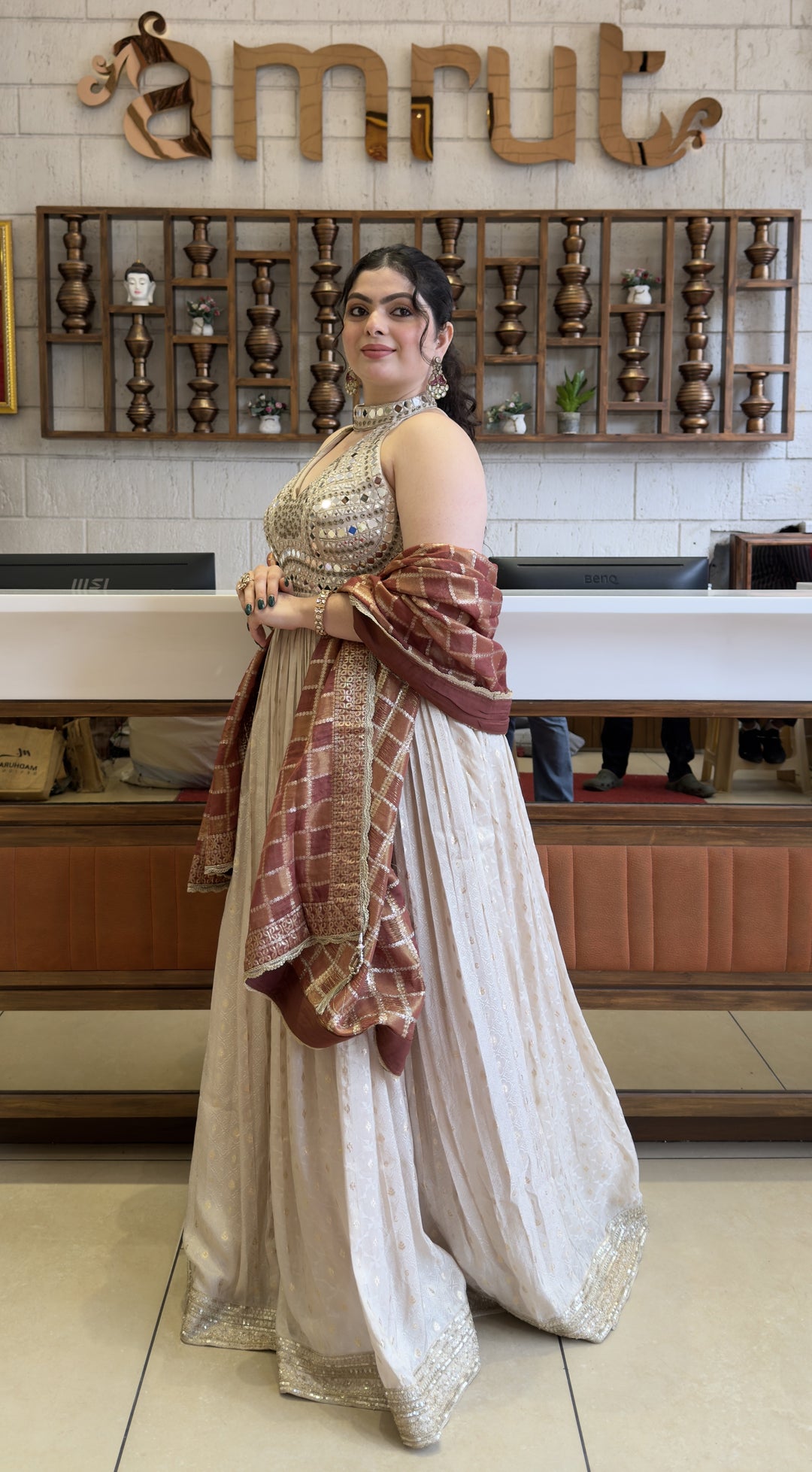 Ivory White Designer Anarkali Gown with Embellished Halter Neck & Wine