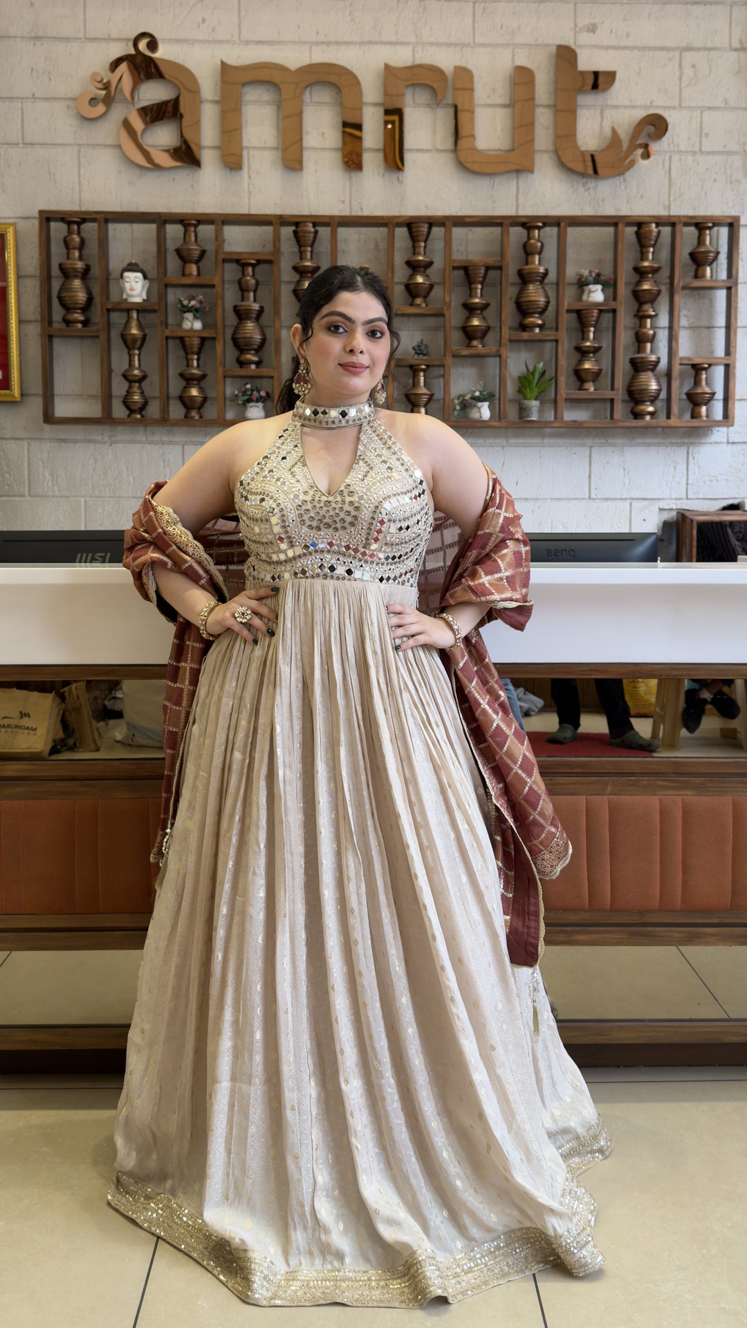 Ivory White Designer Anarkali Gown with Embellished Halter Neck & Wine