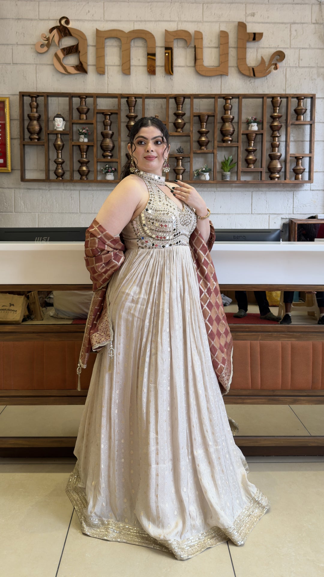 Ivory White Designer Anarkali Gown with Embellished Halter Neck & Wine