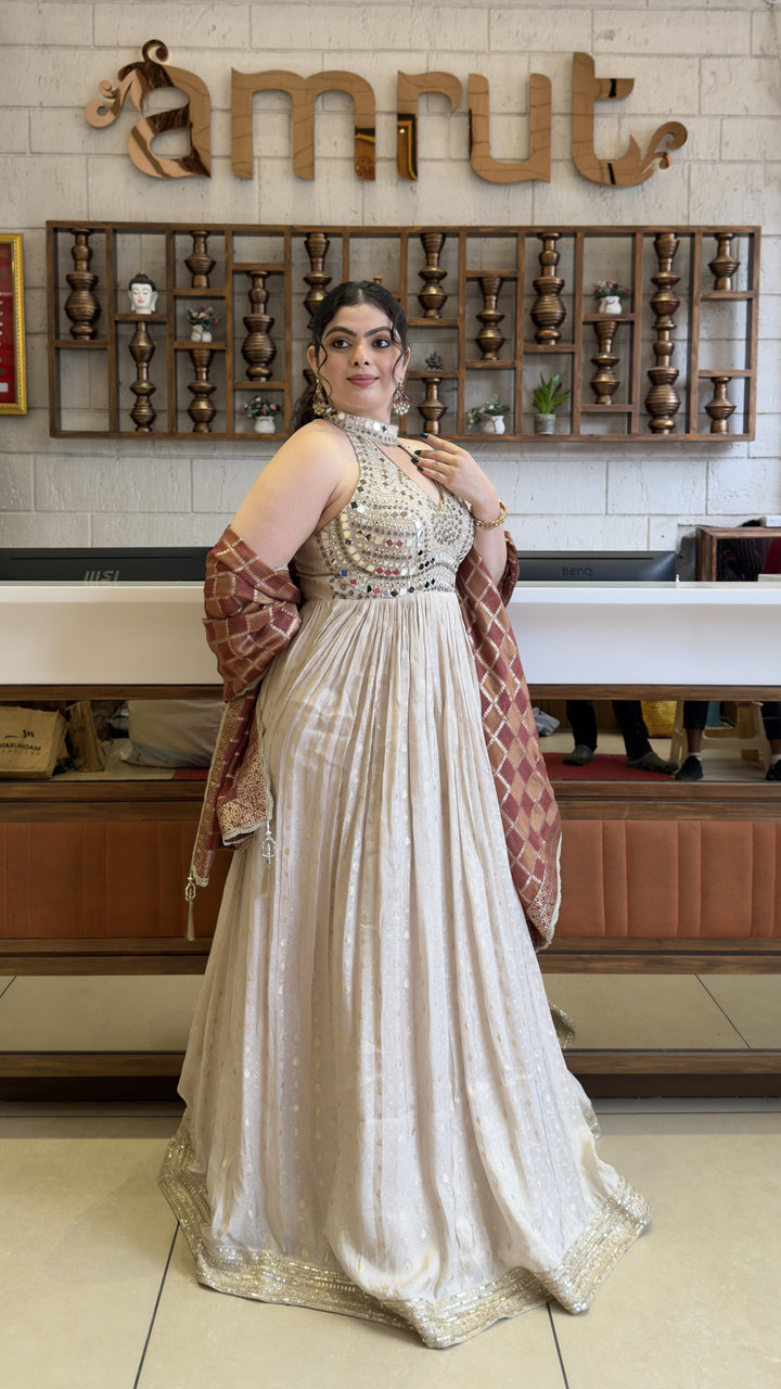Ivory White Designer Anarkali Gown with Embellished Halter Neck & Wine