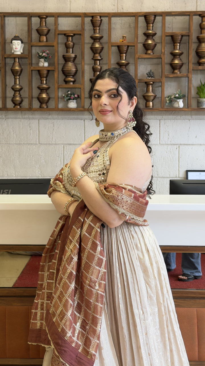 Ivory White Designer Anarkali Gown with Embellished Halter Neck & Wine