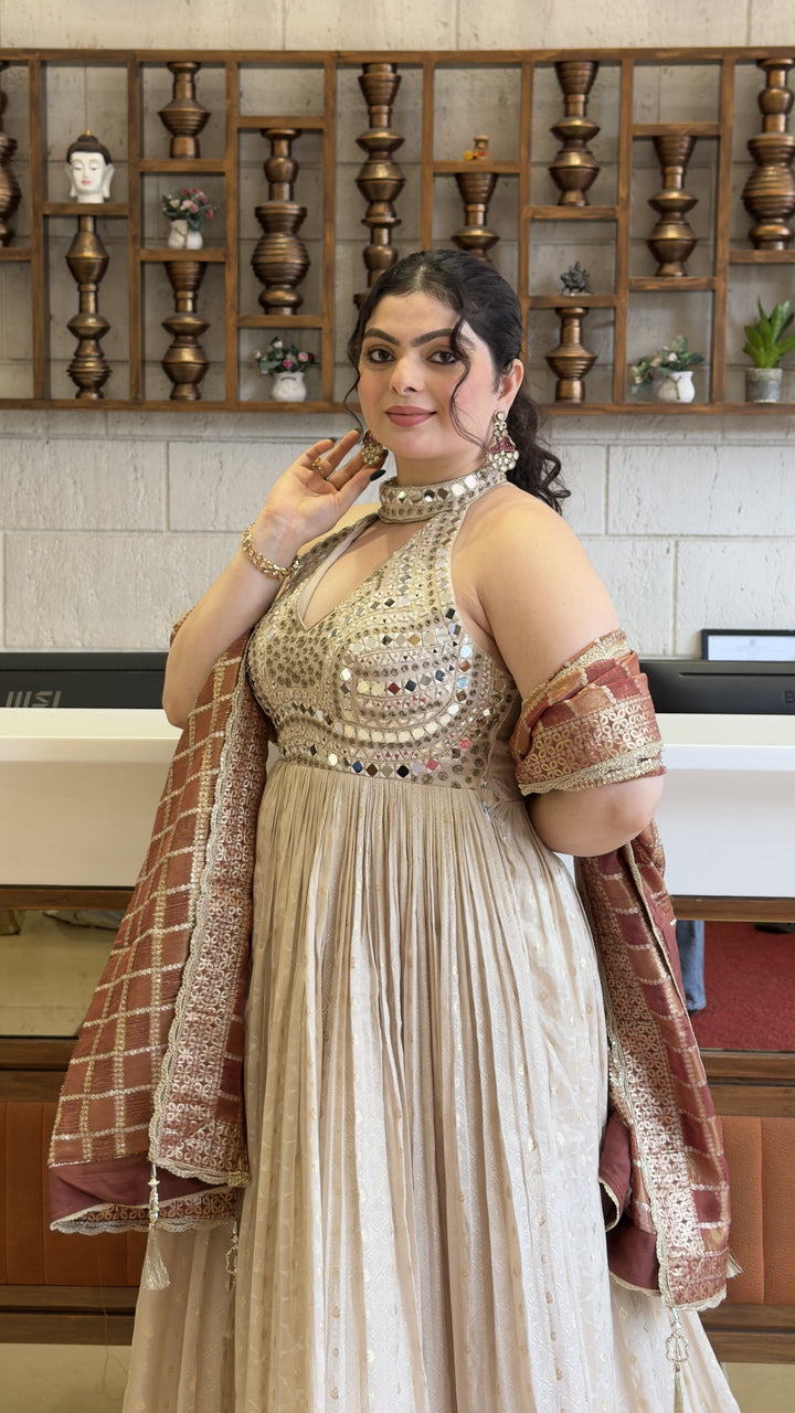 Ivory White Designer Anarkali Gown with Embellished Halter Neck & Wine