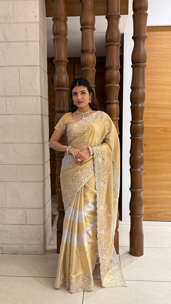 Champagne Gold Tissue Silk Saree with Hand Embroidered Pearl Border