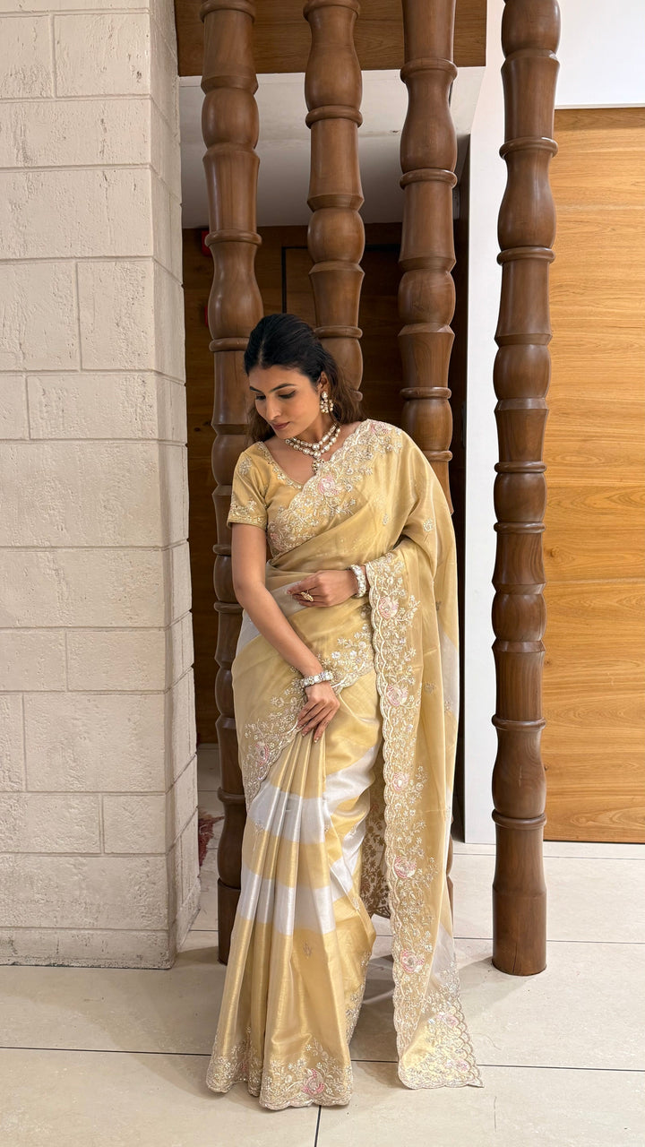 Champagne Gold Tissue Silk Saree with Hand Embroidered Pearl Border