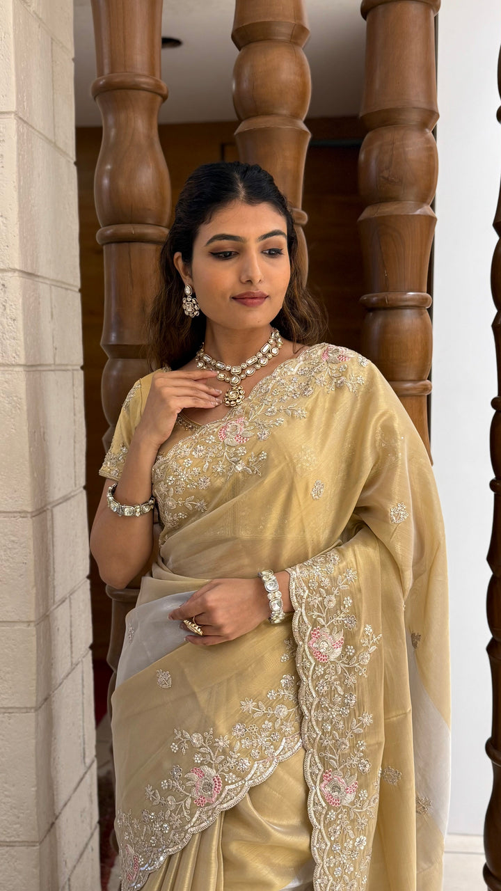 Champagne Gold Tissue Silk Saree with Hand Embroidered Pearl Border