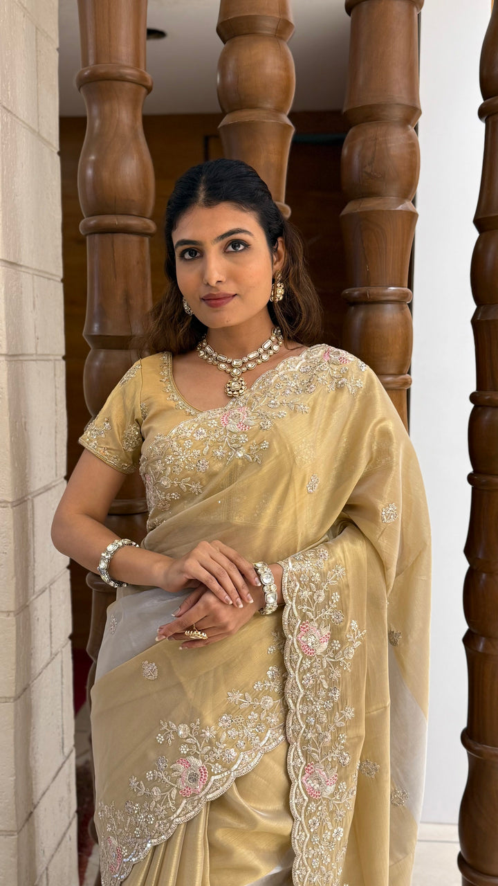 Champagne Gold Tissue Silk Saree with Hand Embroidered Pearl Border