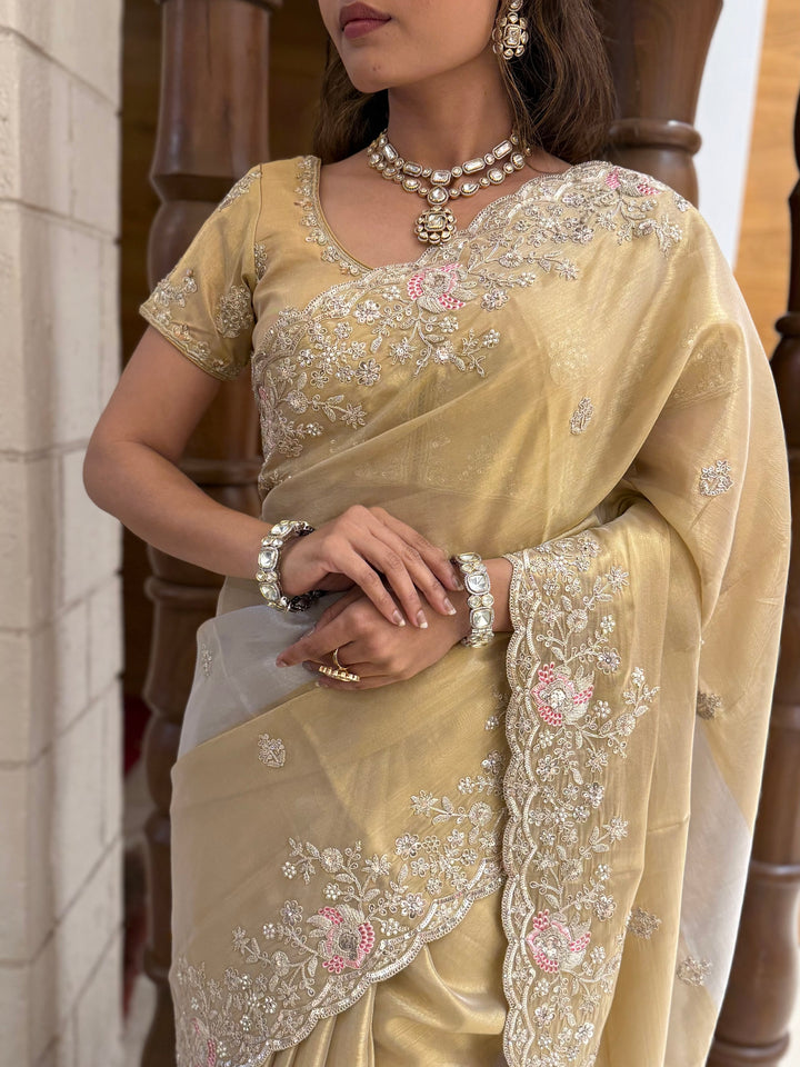 Champagne Gold Tissue Silk Saree with Hand Embroidered Pearl Border
