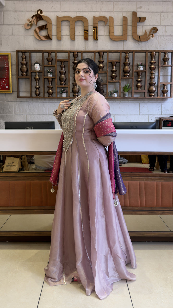 Blush Pink Designer Anarkali Gown with Embellished Yoke & Dual Tone Dupatta