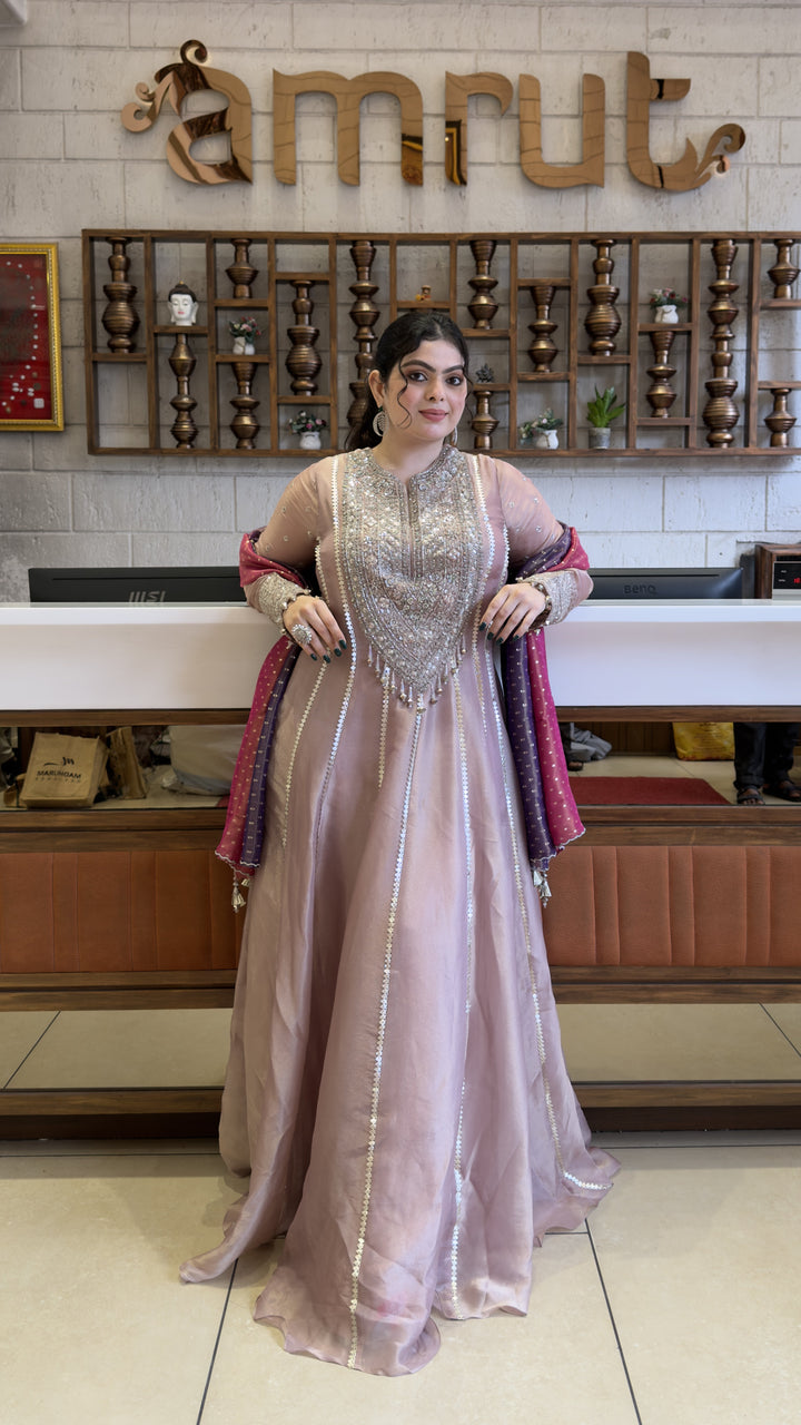 Blush Pink Designer Anarkali Gown with Embellished Yoke & Dual Tone Dupatta