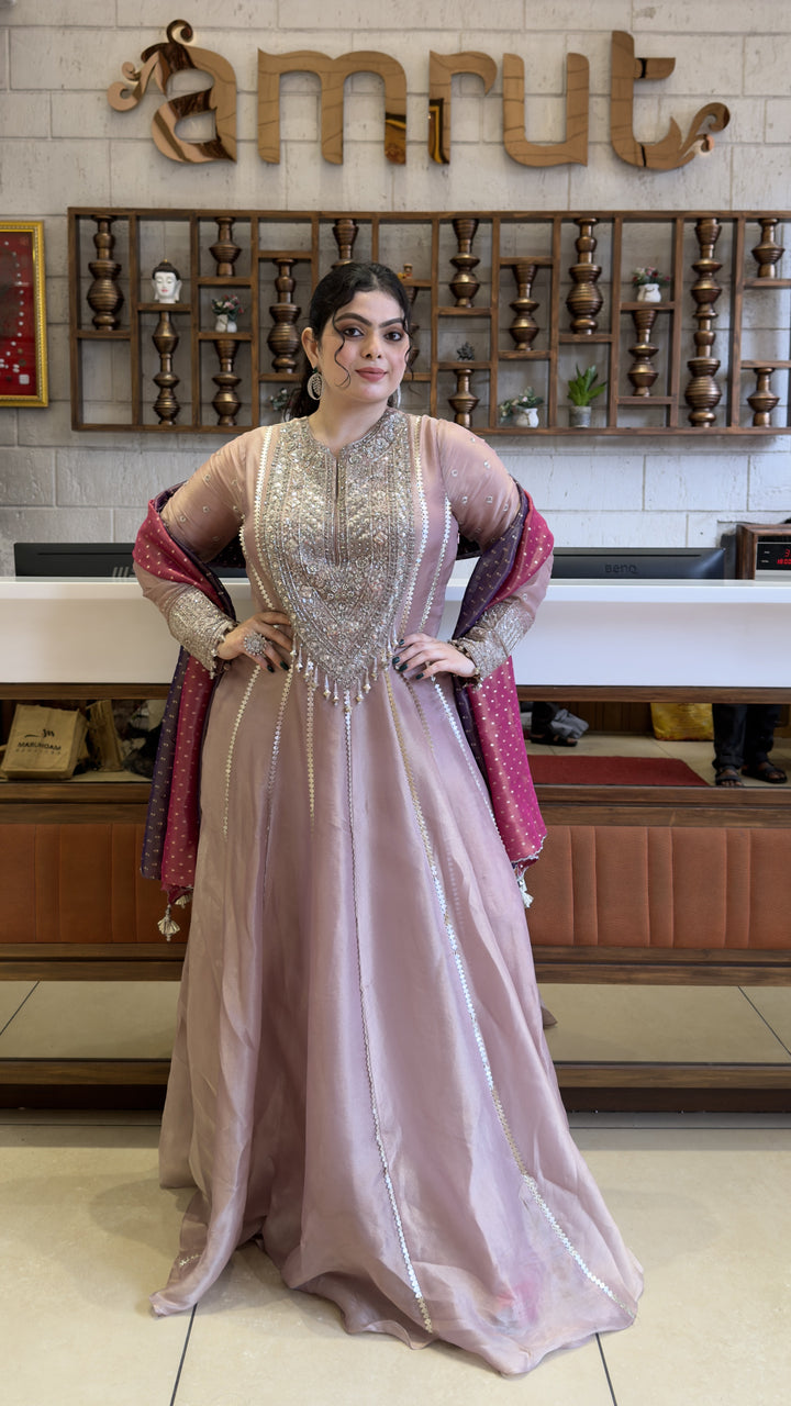 Blush Pink Designer Anarkali Gown with Embellished Yoke & Dual Tone Dupatta