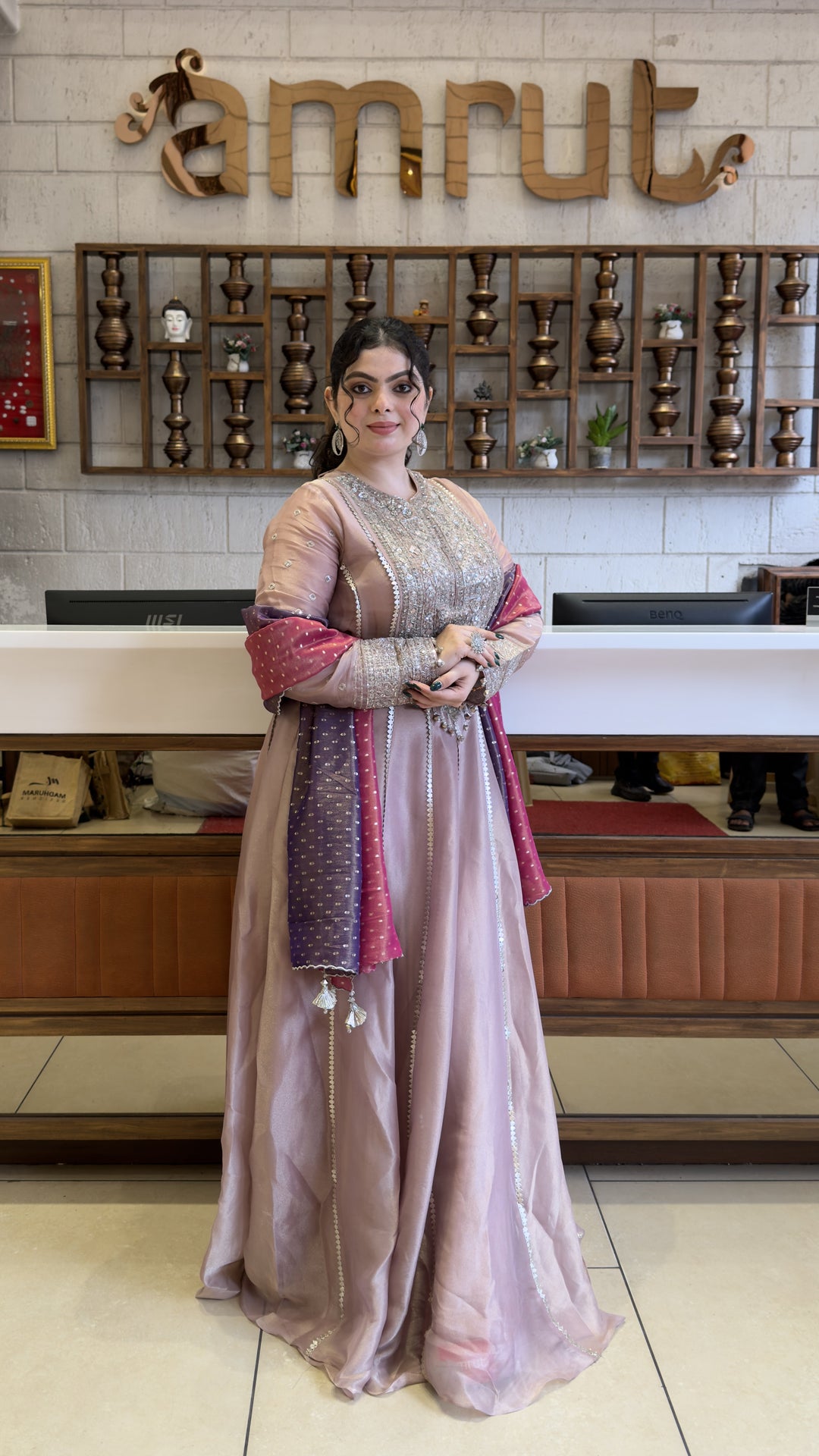 Blush Pink Designer Anarkali Gown with Embellished Yoke & Dual Tone Dupatta