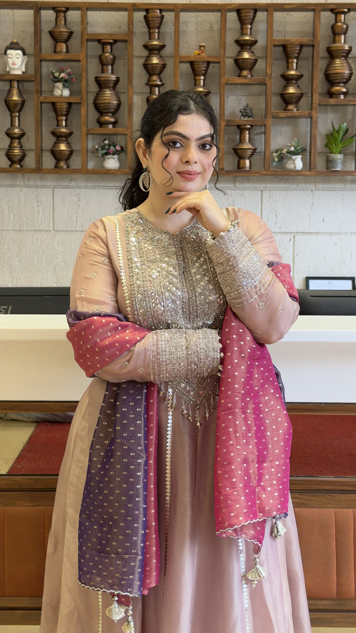 Blush Pink Designer Anarkali Gown with Embellished Yoke & Dual Tone Dupatta