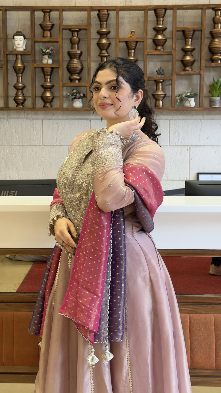 Blush Pink Designer Anarkali Gown with Embellished Yoke & Dual Tone Dupatta
