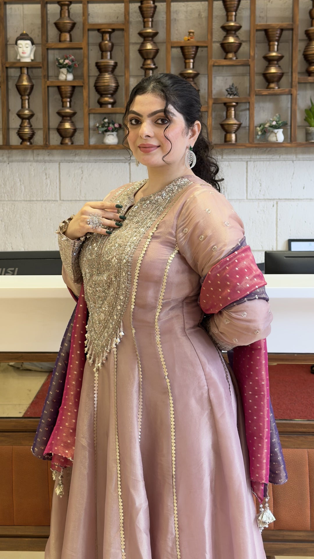 Blush Pink Designer Anarkali Gown with Embellished Yoke & Dual Tone Dupatta