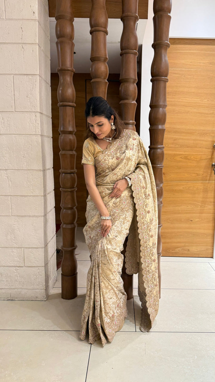Champagne Gold Banarasi Silk Saree with Scalloped Zari Border