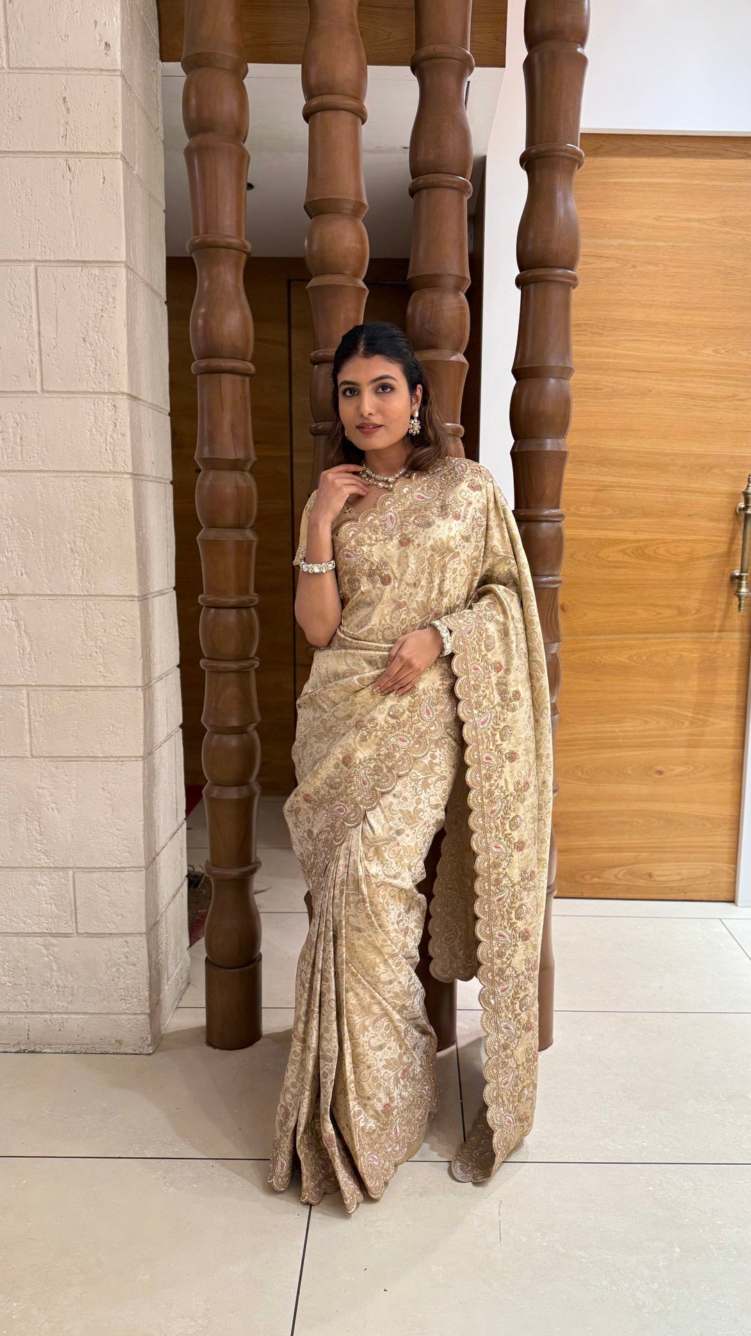 Champagne Gold Banarasi Silk Saree with Scalloped Zari Border