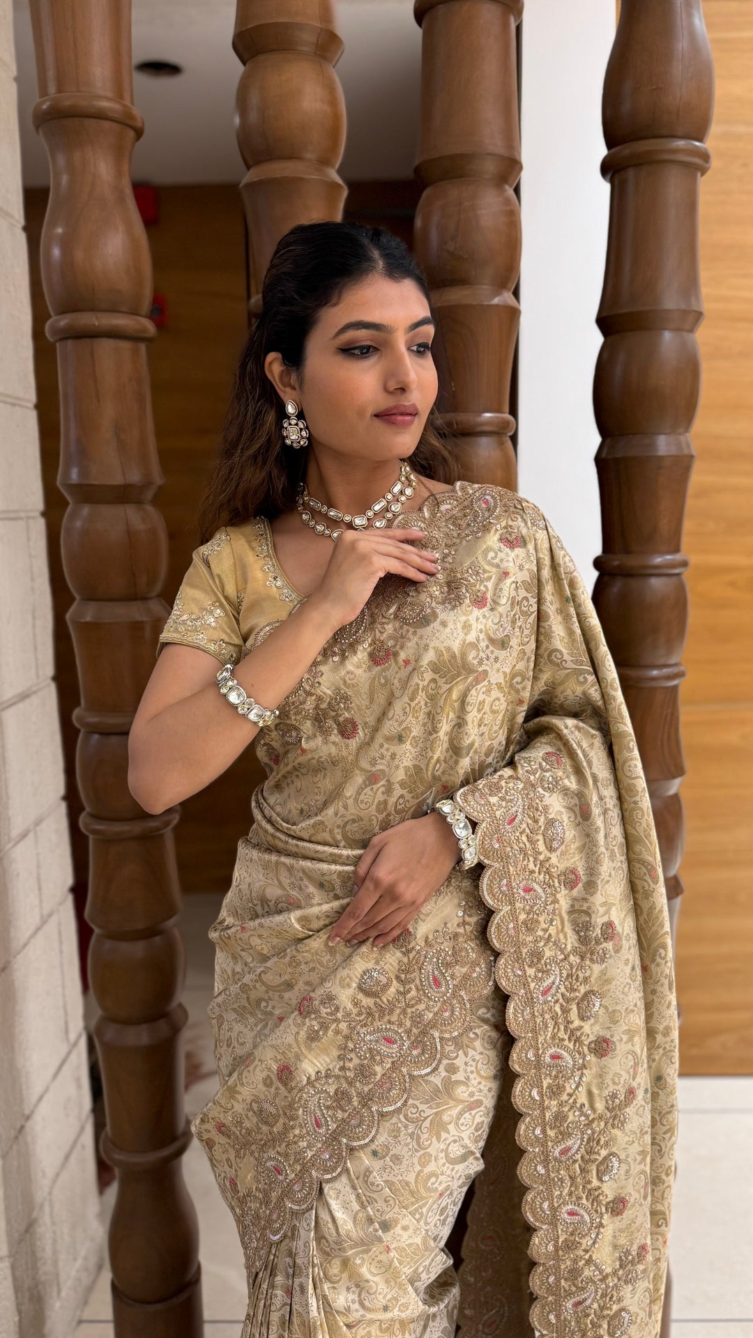 Champagne Gold Banarasi Silk Saree with Scalloped Zari Border