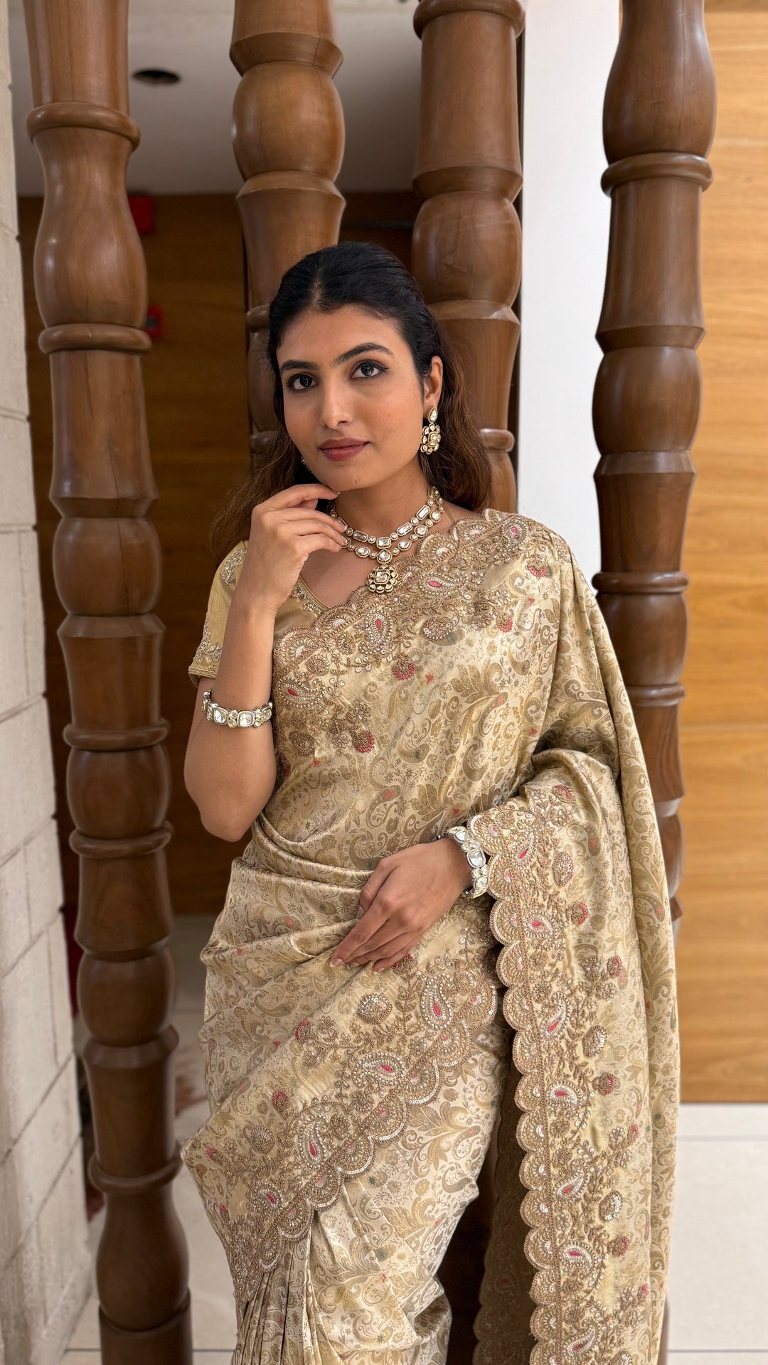 Champagne Gold Banarasi Silk Saree with Scalloped Zari Border