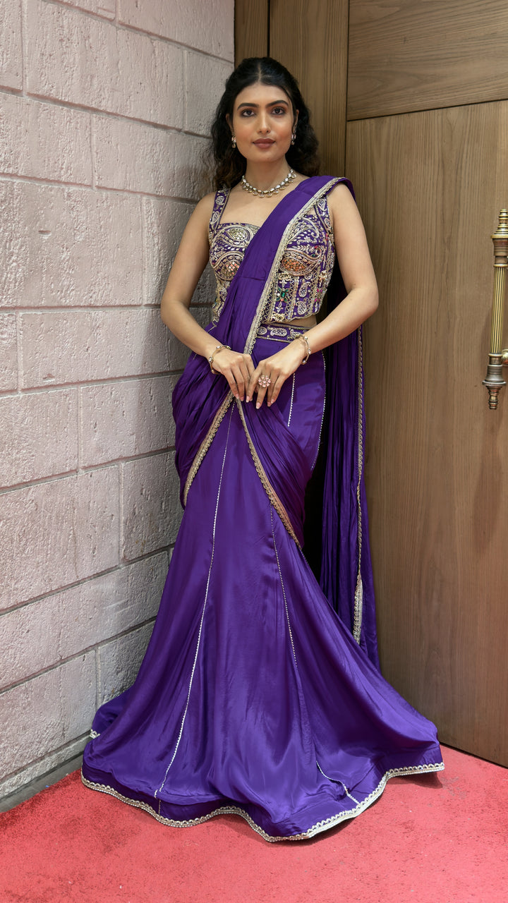 Royal Purple Ready-to-Wear Saree with Hand Embroidered Blouse