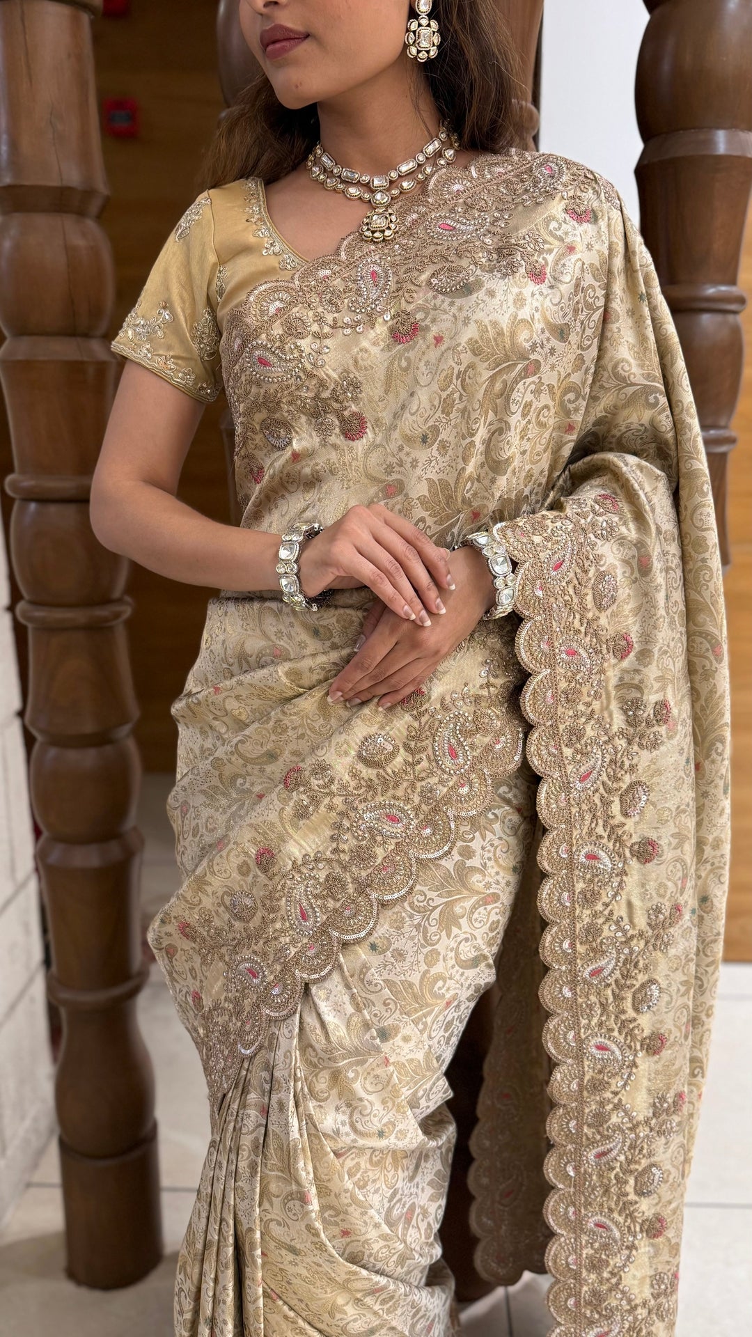 Champagne Gold Banarasi Silk Saree with Scalloped Zari Border