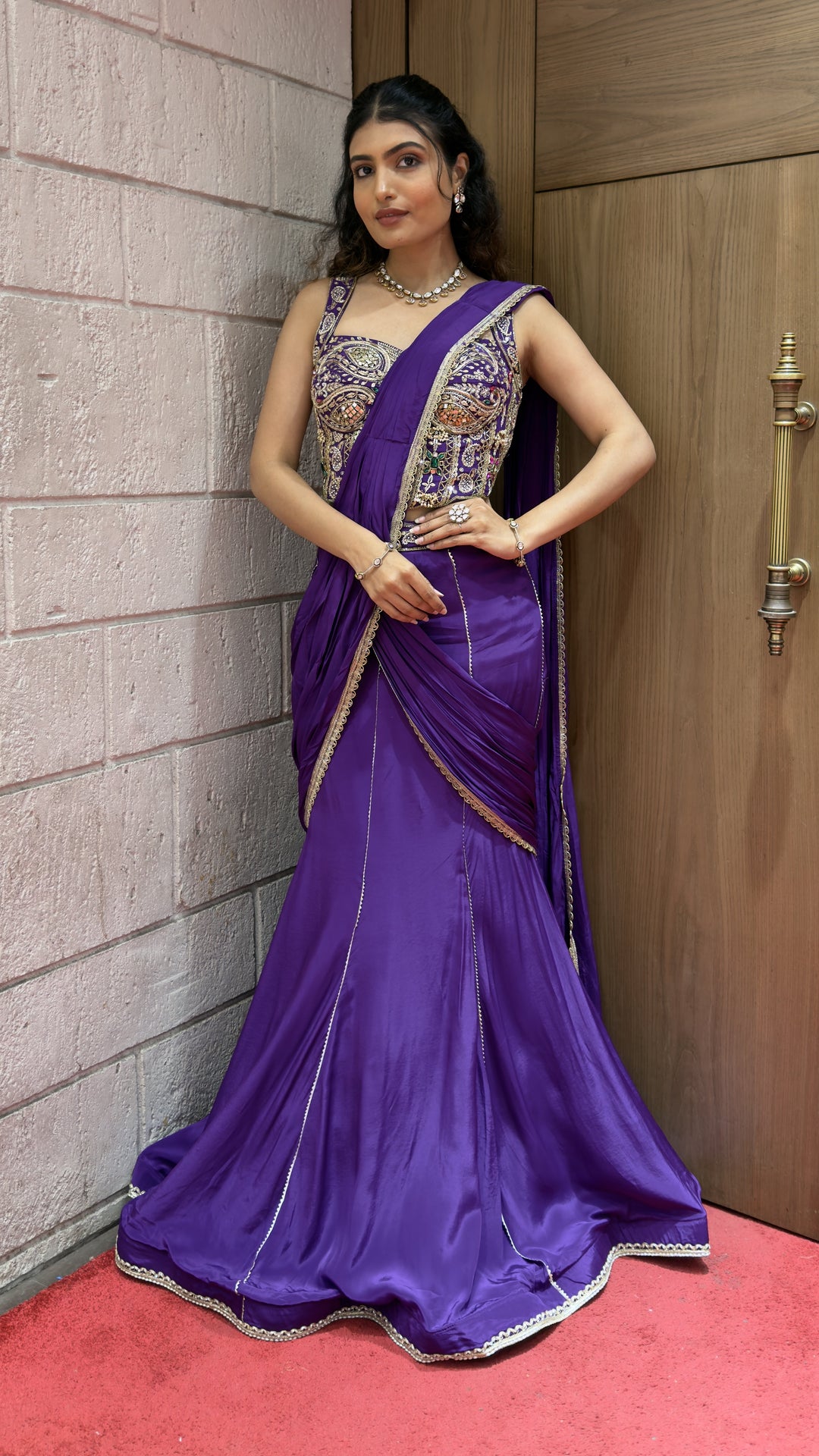 Royal Purple Ready-to-Wear Saree with Hand Embroidered Blouse