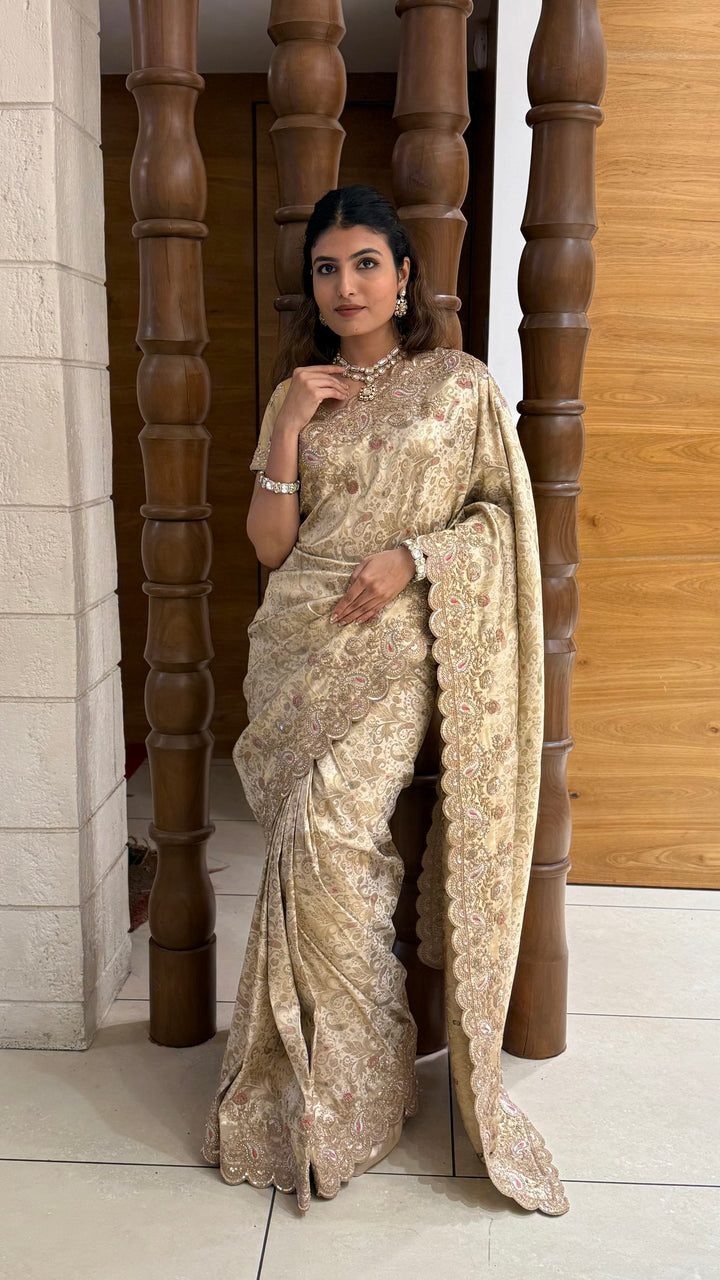 Champagne Gold Banarasi Silk Saree with Scalloped Zari Border