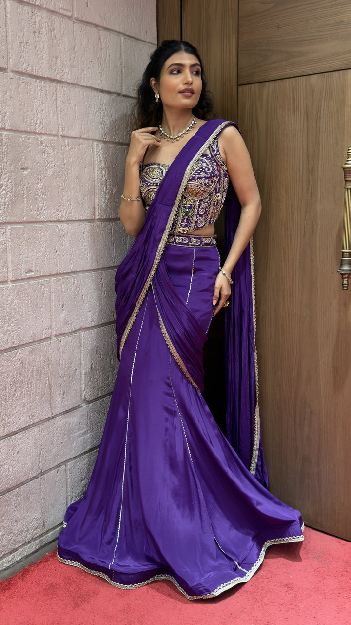 Royal Purple Ready-to-Wear Saree with Hand Embroidered Blouse
