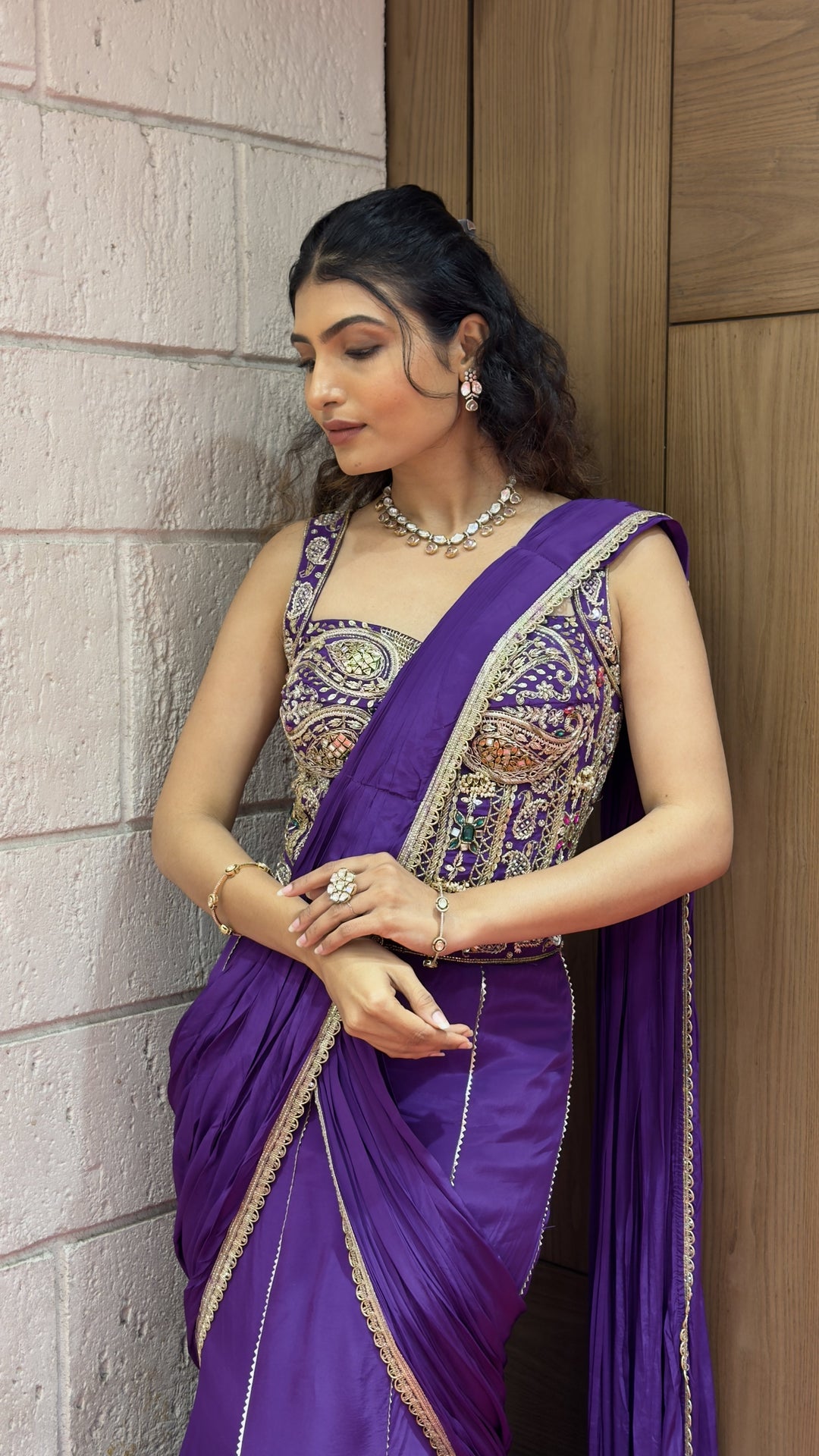 Royal Purple Ready-to-Wear Saree with Hand Embroidered Blouse