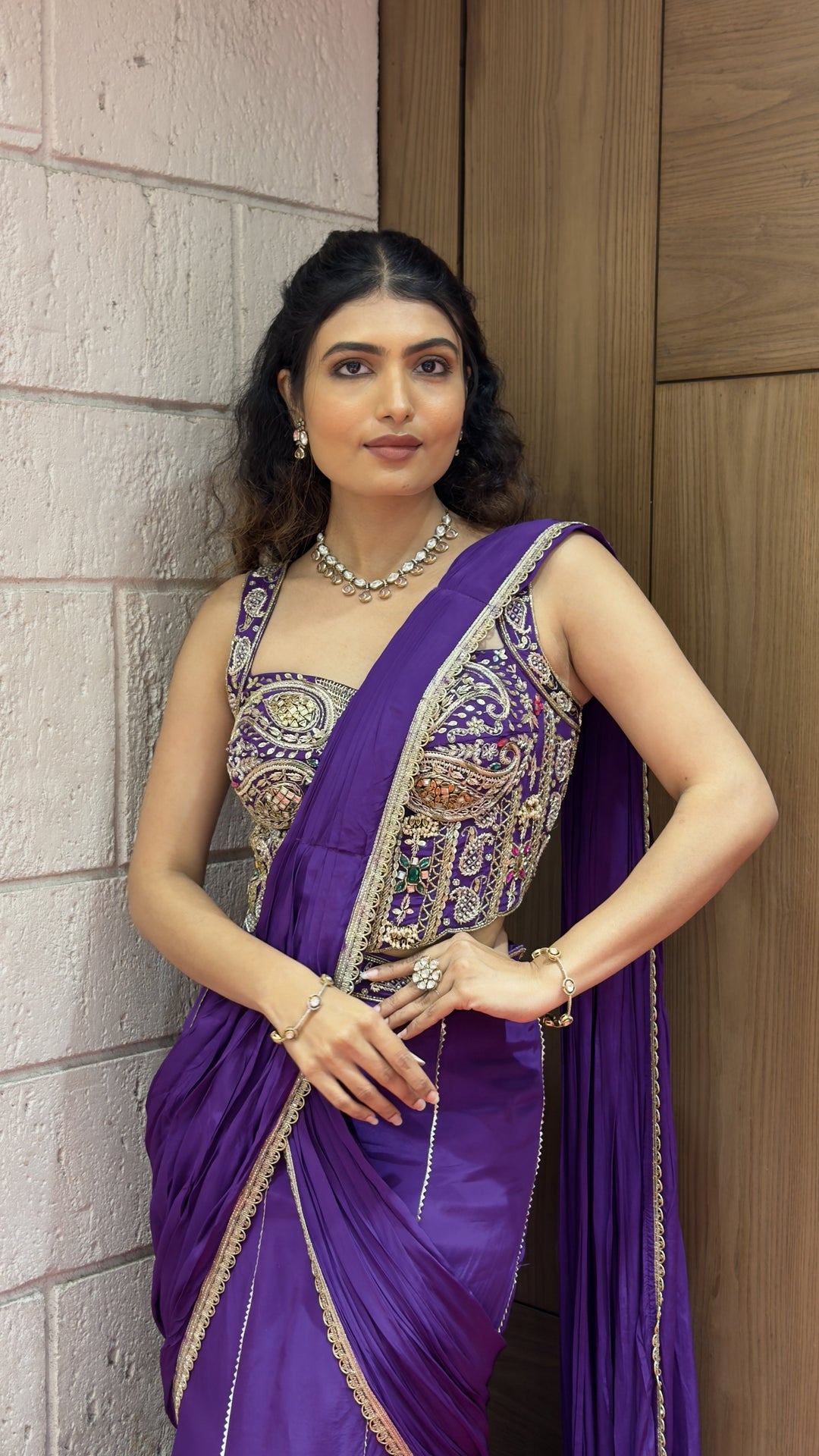 Royal Purple Ready-to-Wear Saree with Hand Embroidered Blouse
