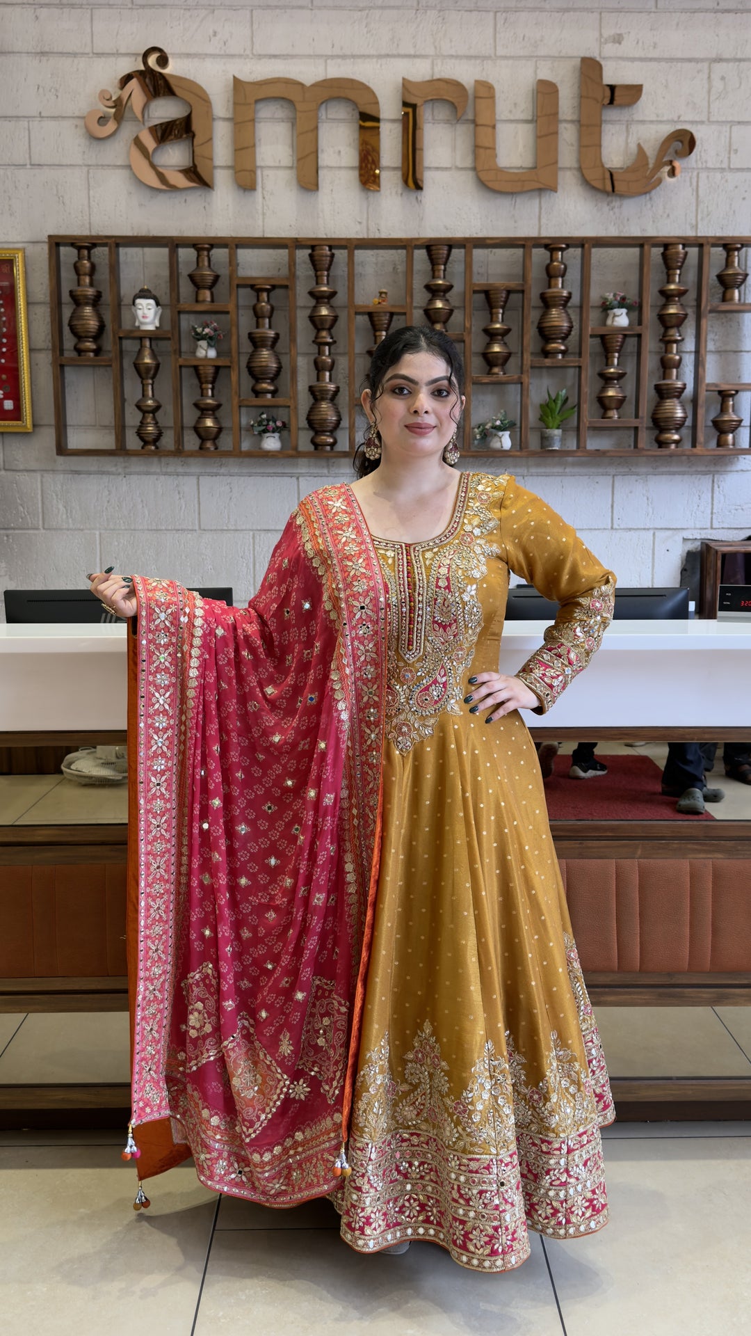 Mustard Gold Designer Anarkali Gown with Hand Embroidery & Rani Pink Dupatta