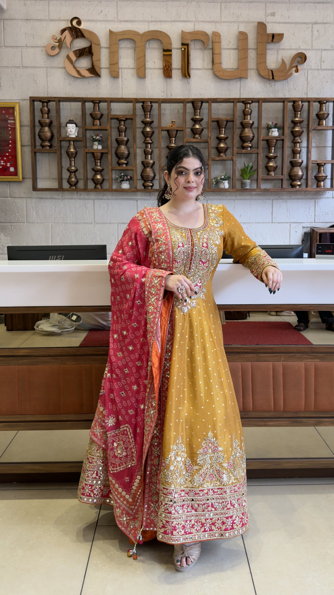 Mustard Gold Designer Anarkali Gown with Hand Embroidery & Rani Pink Dupatta