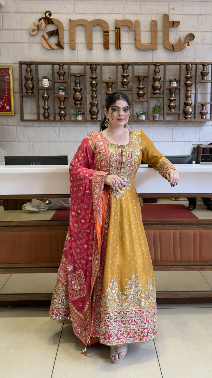 Mustard Gold Designer Anarkali Gown with Hand Embroidery & Rani Pink Dupatta