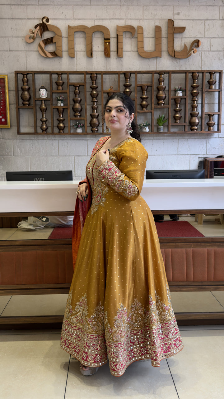 Mustard Gold Designer Anarkali Gown with Hand Embroidery & Rani Pink Dupatta