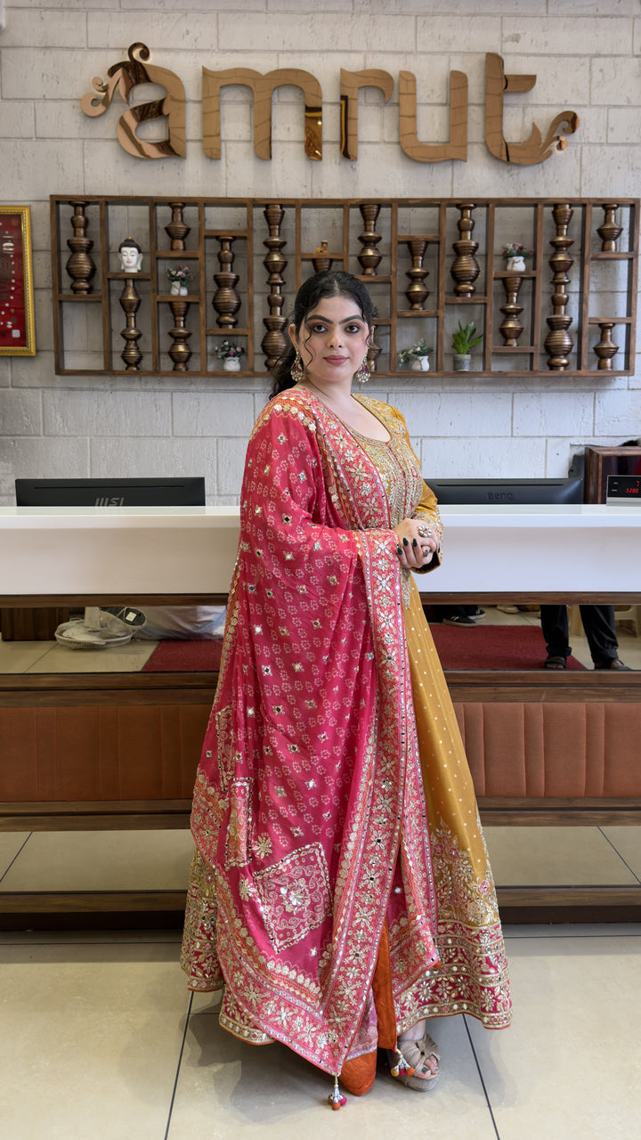 Mustard Gold Designer Anarkali Gown with Hand Embroidery & Rani Pink Dupatta
